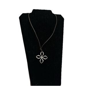 Fossil Silver Flower Pendant Black Corded 18"-20" Necklace Rhinestone Lock Key